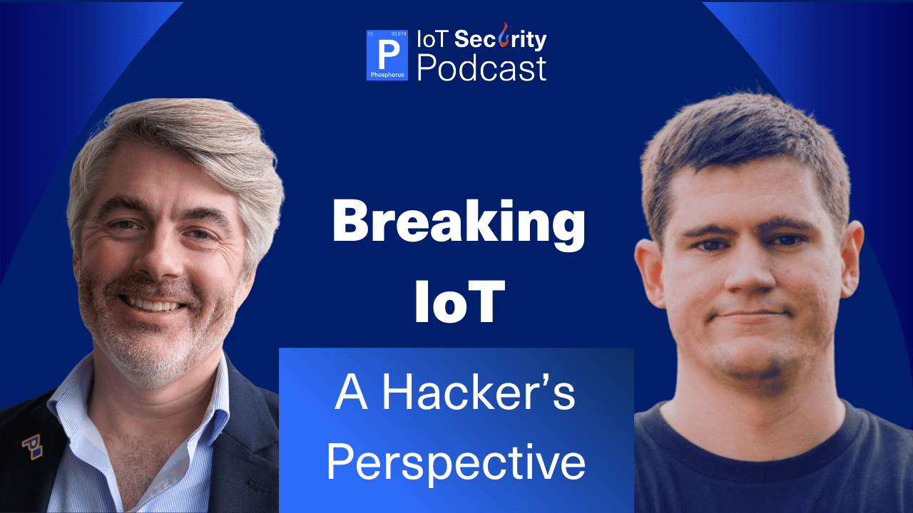 Two men look to camera with white text and a podcast logo in between